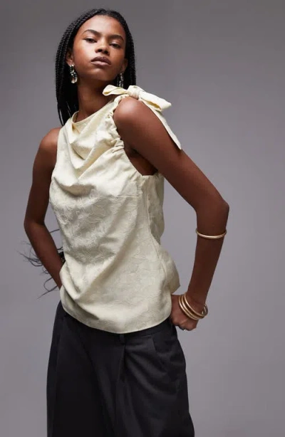 Topshop Jacquard Ruched Shoulder Sleeveless Top In White