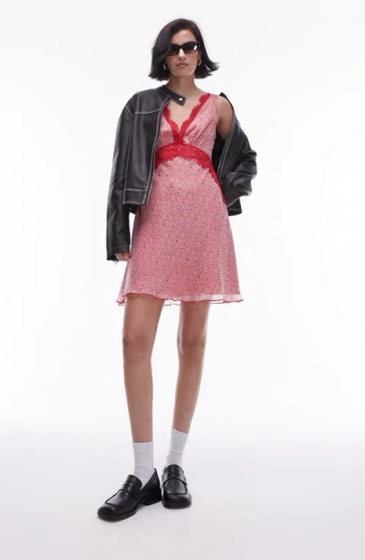 Topshop Floral Lace Mini Flippy Dress In Red Print