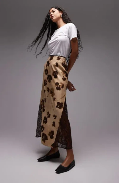 Topshop Floral Lace Panel Maxi Skirt In Light Brown Multi