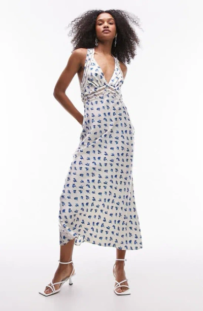 Topshop Satin Slip Dress With Lace Insert In Blue Floral