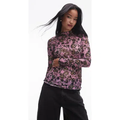 Topshop Floral Print Funnel Neck Crinkle Top In Pink