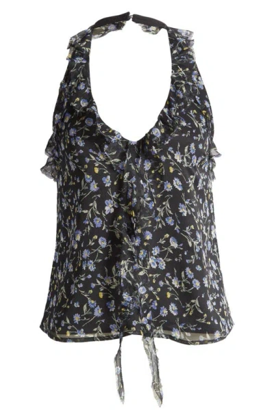 Topshop Floral Print Ruffle Sleeveless Top In Black