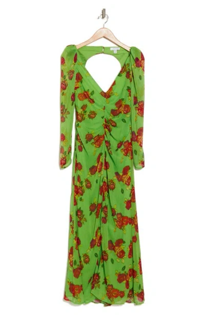 Topshop Gathered Floral Open Back Long Sleeve Maxi Dress In Green