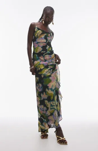 Topshop Floral Ruffle Draped Maxi Dress In Dark Blue Multi