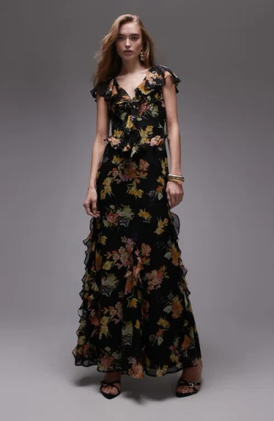 Topshop Flutter Sleeve Ruffle Occasion Midi Dress In Black
