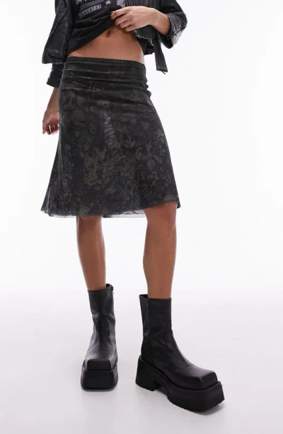 Topshop Floral Semisheer Mesh Jersey Skirt In Grey