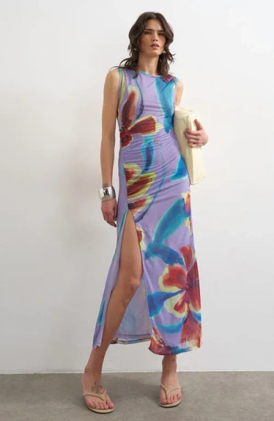 Topshop Floral Side Slit Mesh Midi Dress In Blue