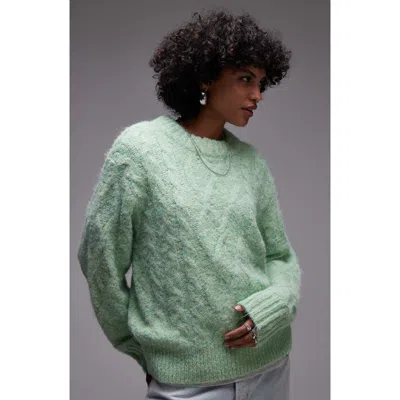 Topshop Fluffy Cable Stitch Sweater In Light Green