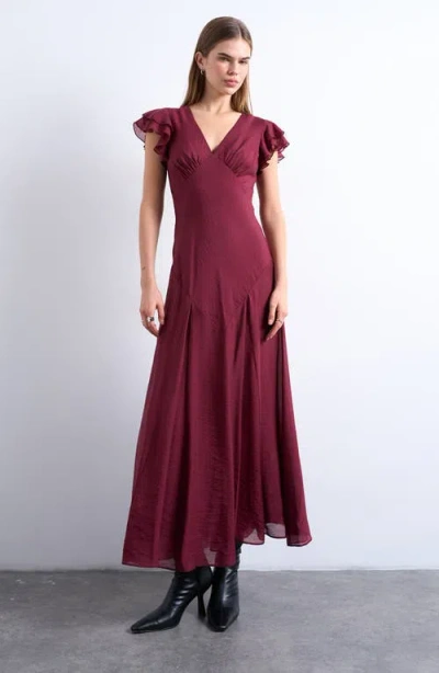 Topshop Flutter Sleeve Georgette Midi Dress In Burgundy