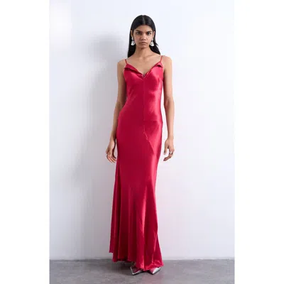 Topshop Folded Neck Satin Slip Maxi Dress In Red