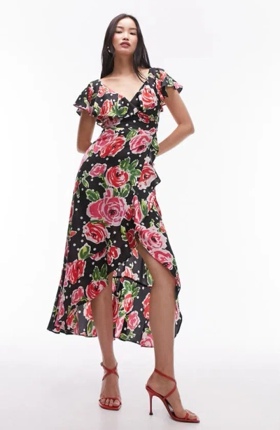Topshop Frill Floral Midi Wrap Dress In Black Multi