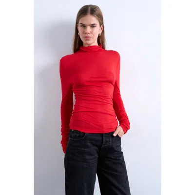 Topshop Funnel Neck Long Sleeve Top In Red