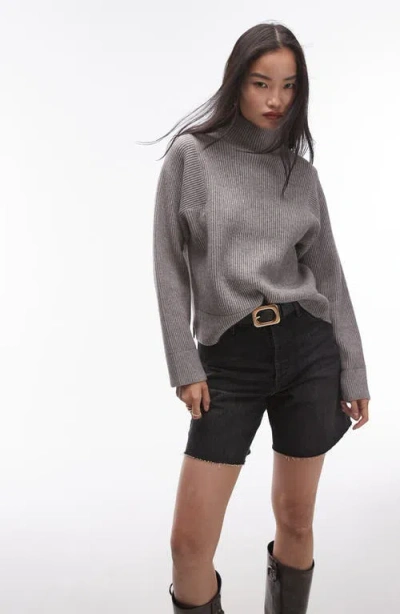 Topshop Clean Rib Knit Turtle Neck Sweater In Gray