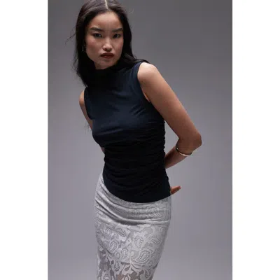 Topshop High Neck Ruched Side Super Soft Cupro Top In Black