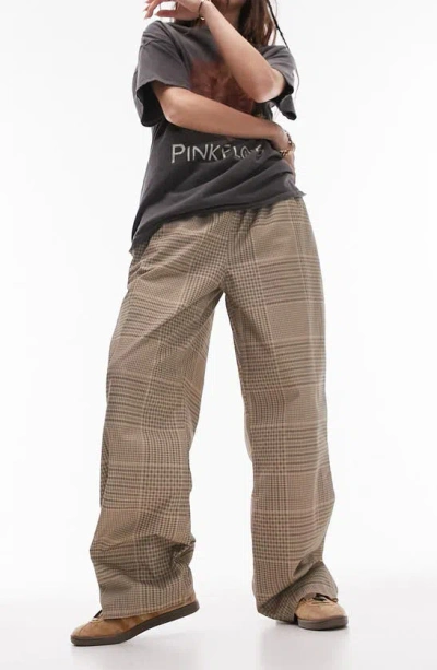 Topshop Glen Plaid Workwear Pull-on Pants In Tan Multi