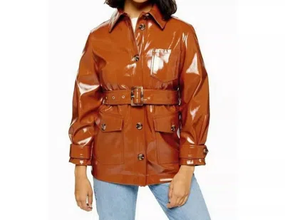 Topshop High Gloss Patent Belted Coat In Brown