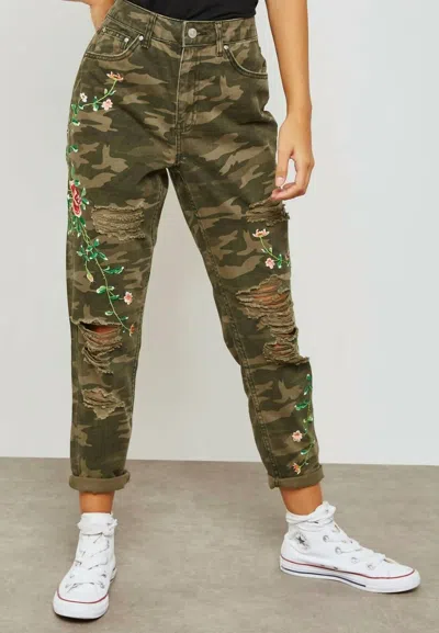 Topshop High Rise Camo Print Floral Embroidery Ripped Mom Jeans In Multicolor