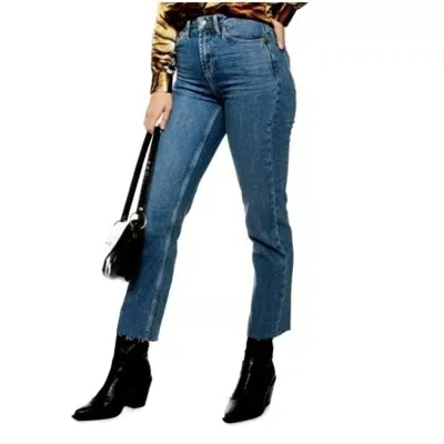 Topshop High Rise Raw Hem Cropped Straight Leg Denim In Blue