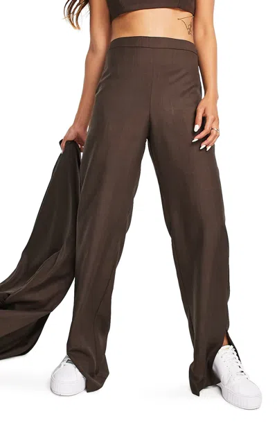 Topshop High Waist Side Slit Trousers - Brown