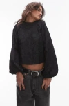 Topshop Jacquard Balloon Sleeve Top In Black