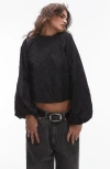 Topshop Jacquard Balloon Sleeve Top In Black In Black