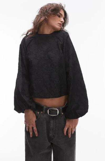 Topshop Jacquard Balloon Sleeve Top In Black
