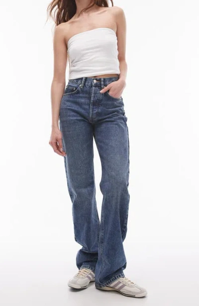 Topshop Mid Rise Kort Jeans In Mid Blue