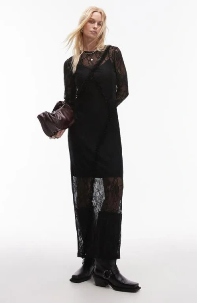 Topshop Lace & Ruffle Long Sleeve Maxi Dress In Black