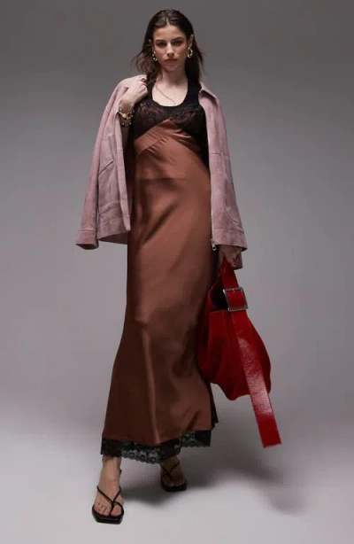 Topshop Lace Bust Satin Maxi Dress In Brown