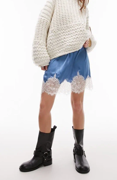 Topshop Lace Hem Satin Skirt In Mid Blue