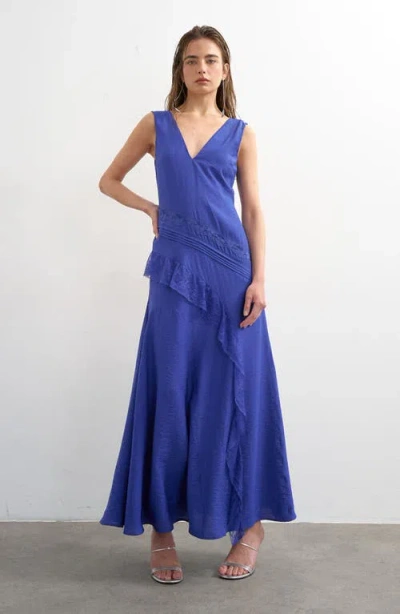 Topshop Deep V Lace Insert Maxi Dress In Blue