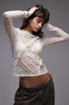 Topshop Lace Ruffle Trim Long Sleeve Semisheer Top In White