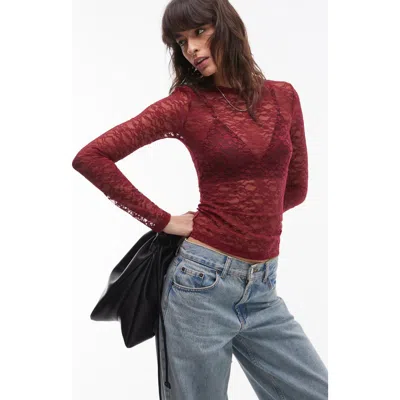 Topshop Lace Sheer Long Sleeve Top In Red