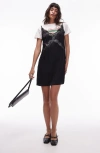 Topshop Lace Trim Satin Mini Slipdress In Black