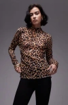 Topshop Leopard Crinkle Long Sleeve Top In Brown In Brown