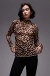 Topshop Leopard Crinkle Long Sleeve Top In Brown In Brown