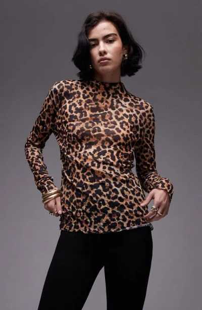Topshop Leopard Crinkle Long Sleeve Top In Brown In Yellow