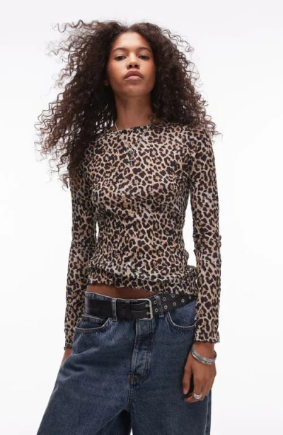 Topshop Leopard Print Crinkle Long Sleeve Top In Light Brown Multi