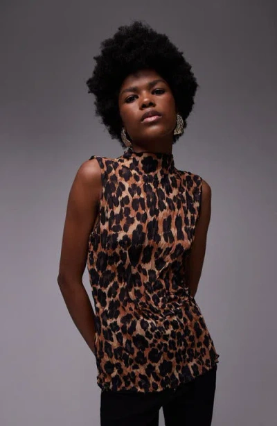 Topshop Sheer Crinkle Leopard Print Tank Top In Brown