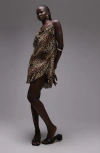 Topshop Leopard Print Draped Chiffon Minidress In Light Brown Multi