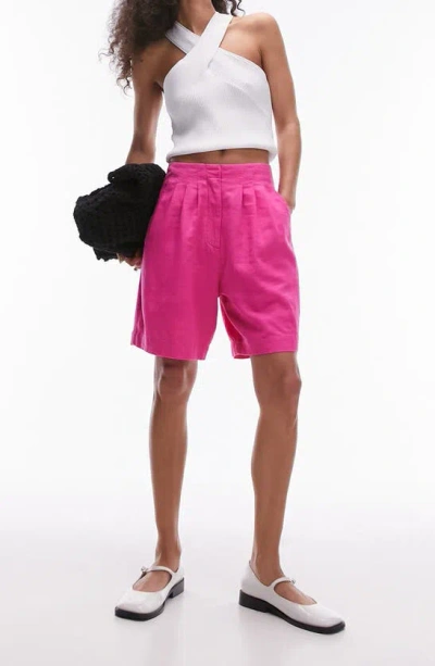 Topshop Linen Blend Bermuda Shorts In Pink