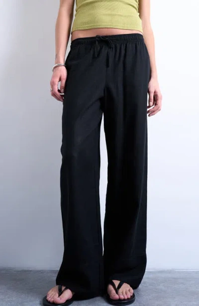 Topshop Linen Blend Straight Leg Pants With Deep Cuffs In Black