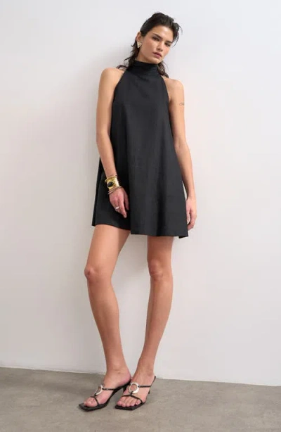 Topshop High Neck Linen Mix Trapeze Dress In Black