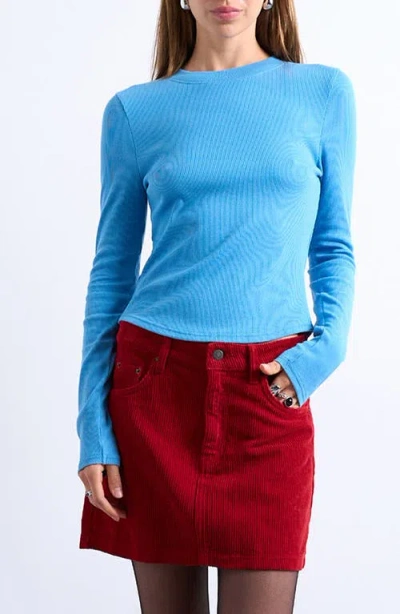 Topshop Long Sleeve Curve Hem Rib Top In Blue