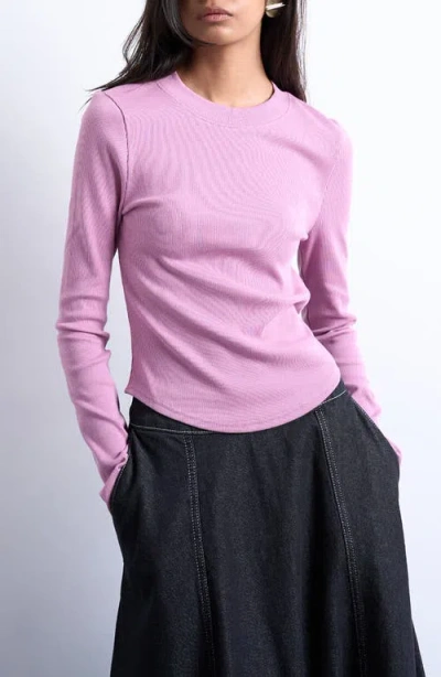 Topshop Ribbed Long Sleeve Curved Hem Top In Pink