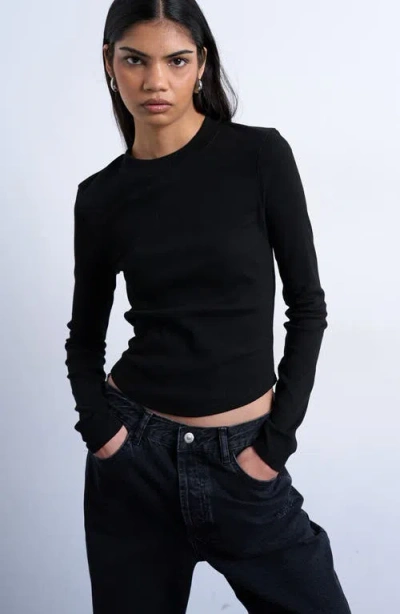 Topshop Ribbed Long Sleeve Curved Hem Top In Black