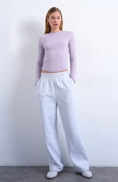 Topshop Rib Long Sleeve Curved Hem Top In Purple