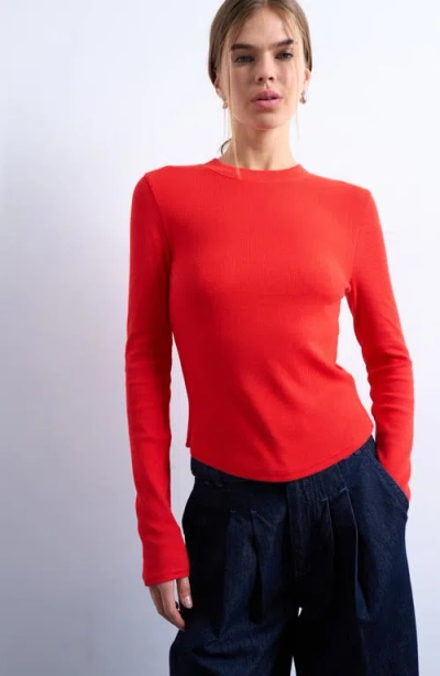 Topshop Ribbed Long Sleeve Curved Hem Top In Red