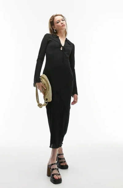 Topshop Long Sleeve Mesh Midi Dress In Black