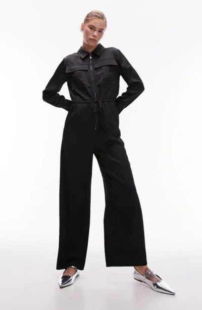 TOPSHOP LONG SLEEVE SATIN CARGO JUMPSUIT